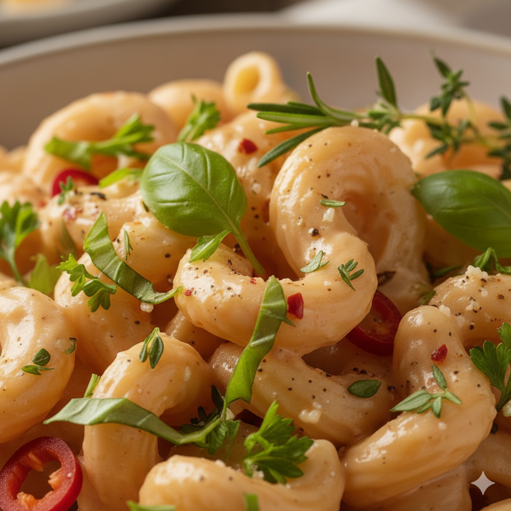 Adding herbs to pink sauce pasta