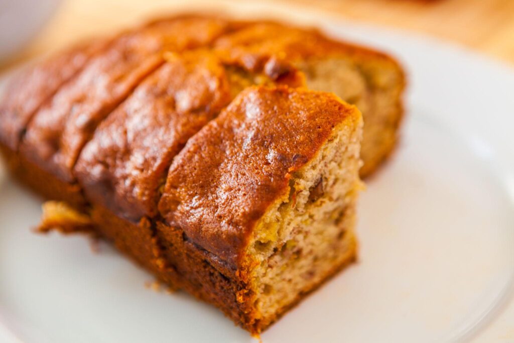 Soft sliced banana bread showing texture from recipe for banana bread