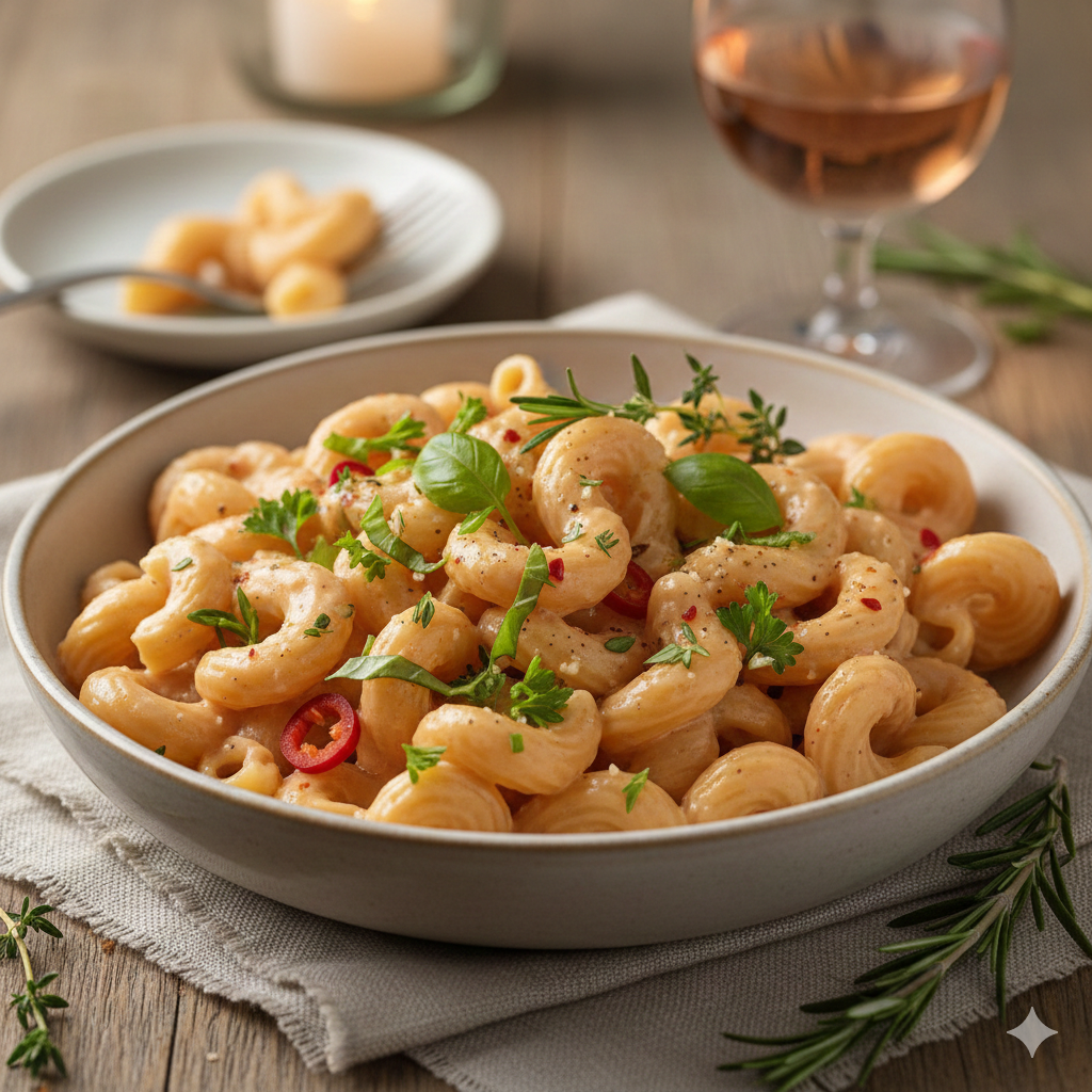 Bowl of pasta with creamy pink sauce