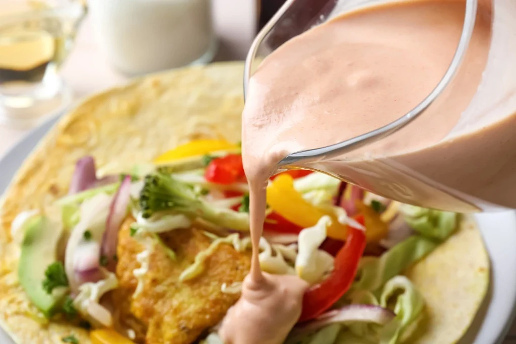 Whisking creamy sauce for crispy chicken tacos