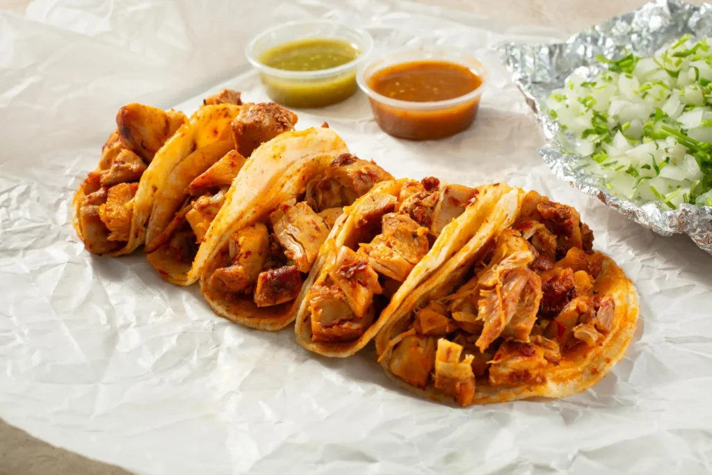 Filling warm tortillas with crispy chicken pico de gallo and sauce