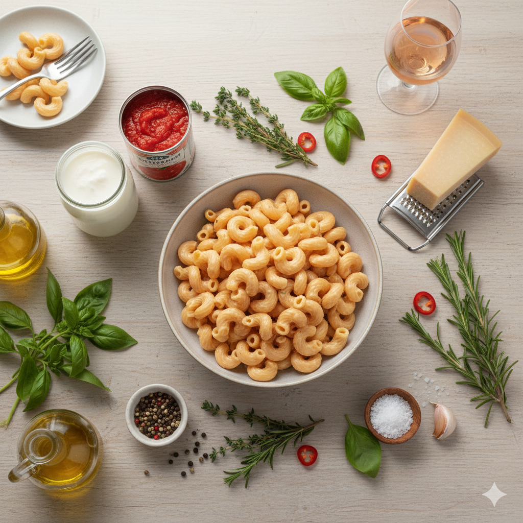 Ingredients required for making pink sauce pasta