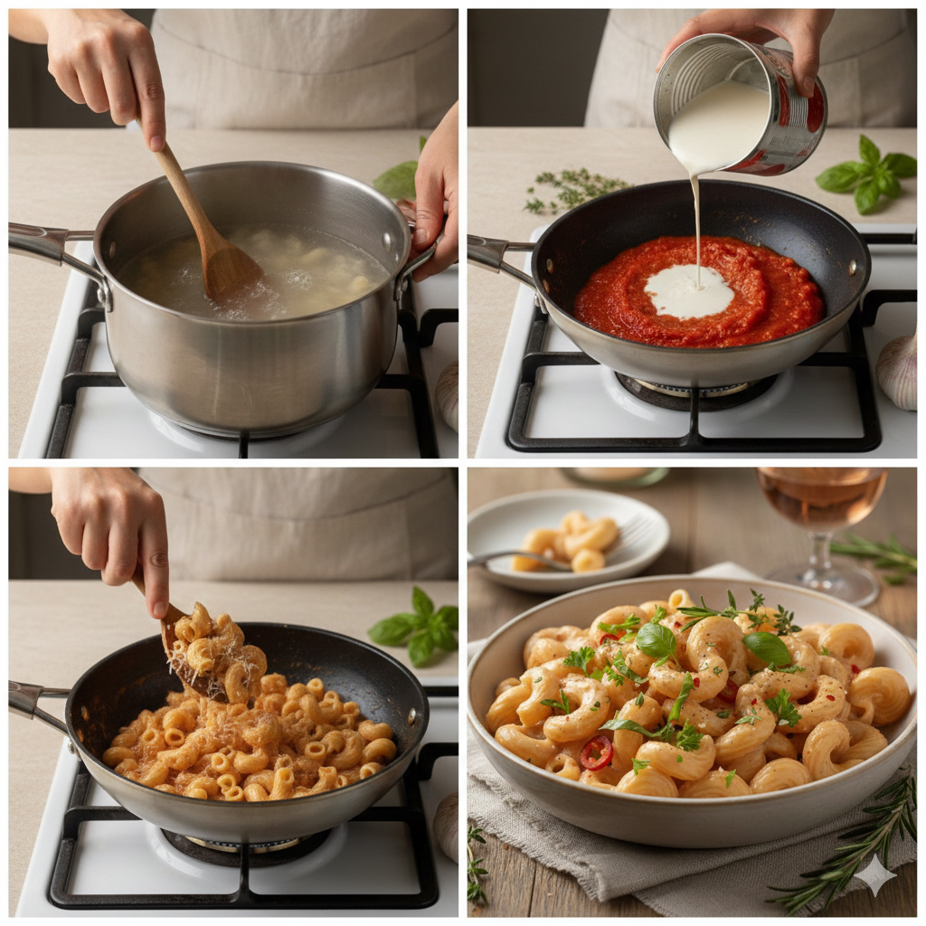 Step-by-step process of making pink sauce pasta