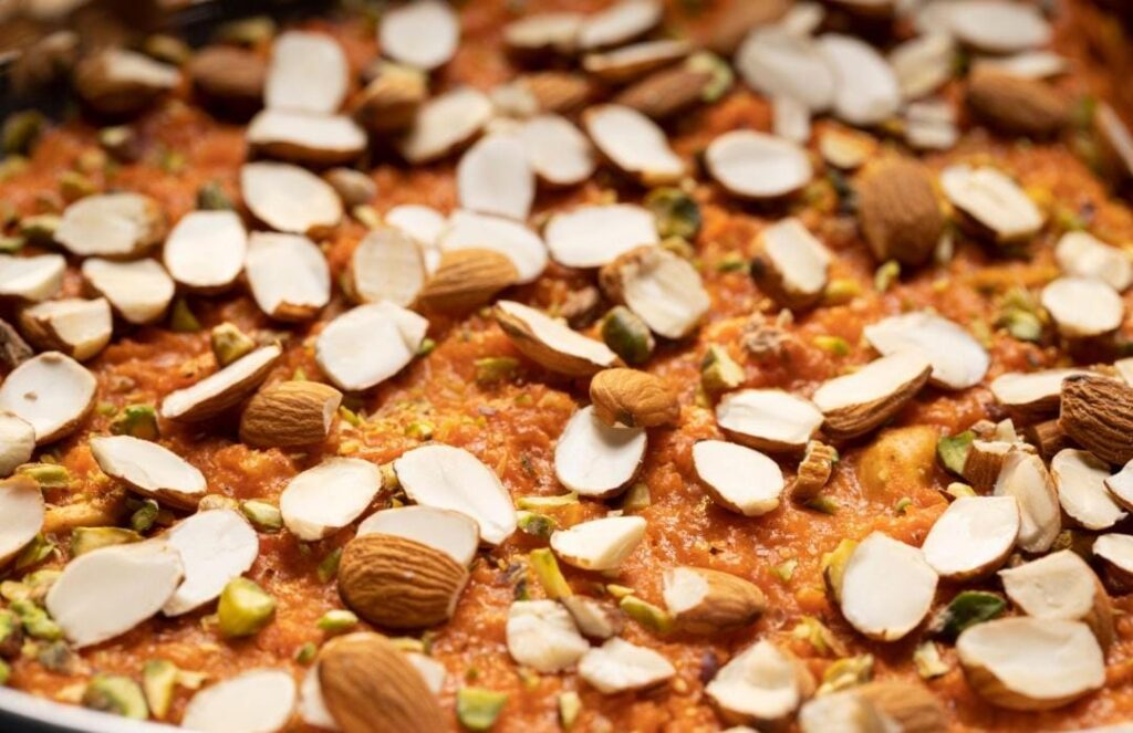 Rich badam ka halwa garnished with saffron