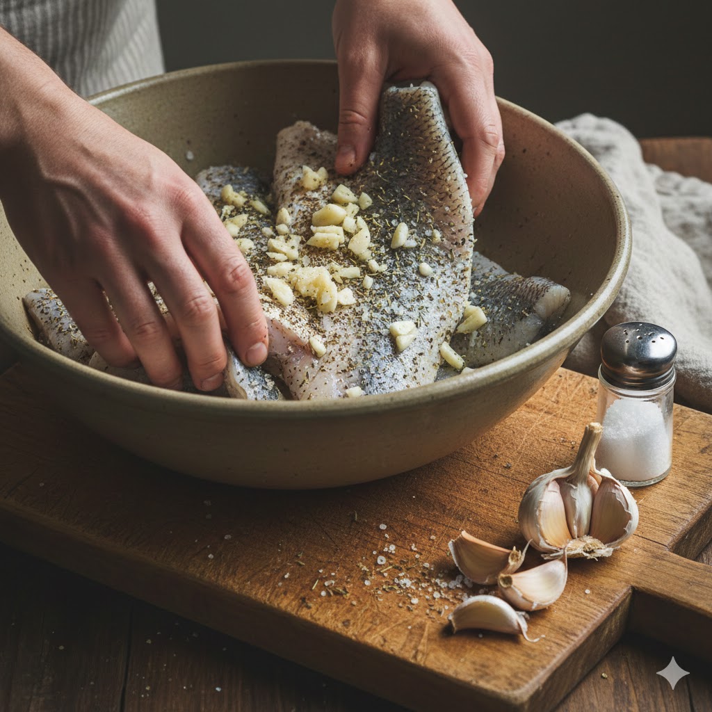 Marinating fish with garlic, salt and pepper