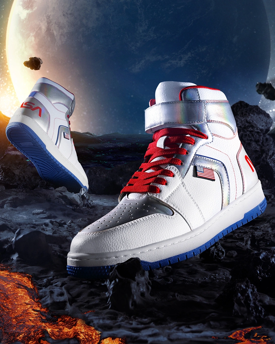 Men's White & Silver NASA Color Block High Top Sneakers